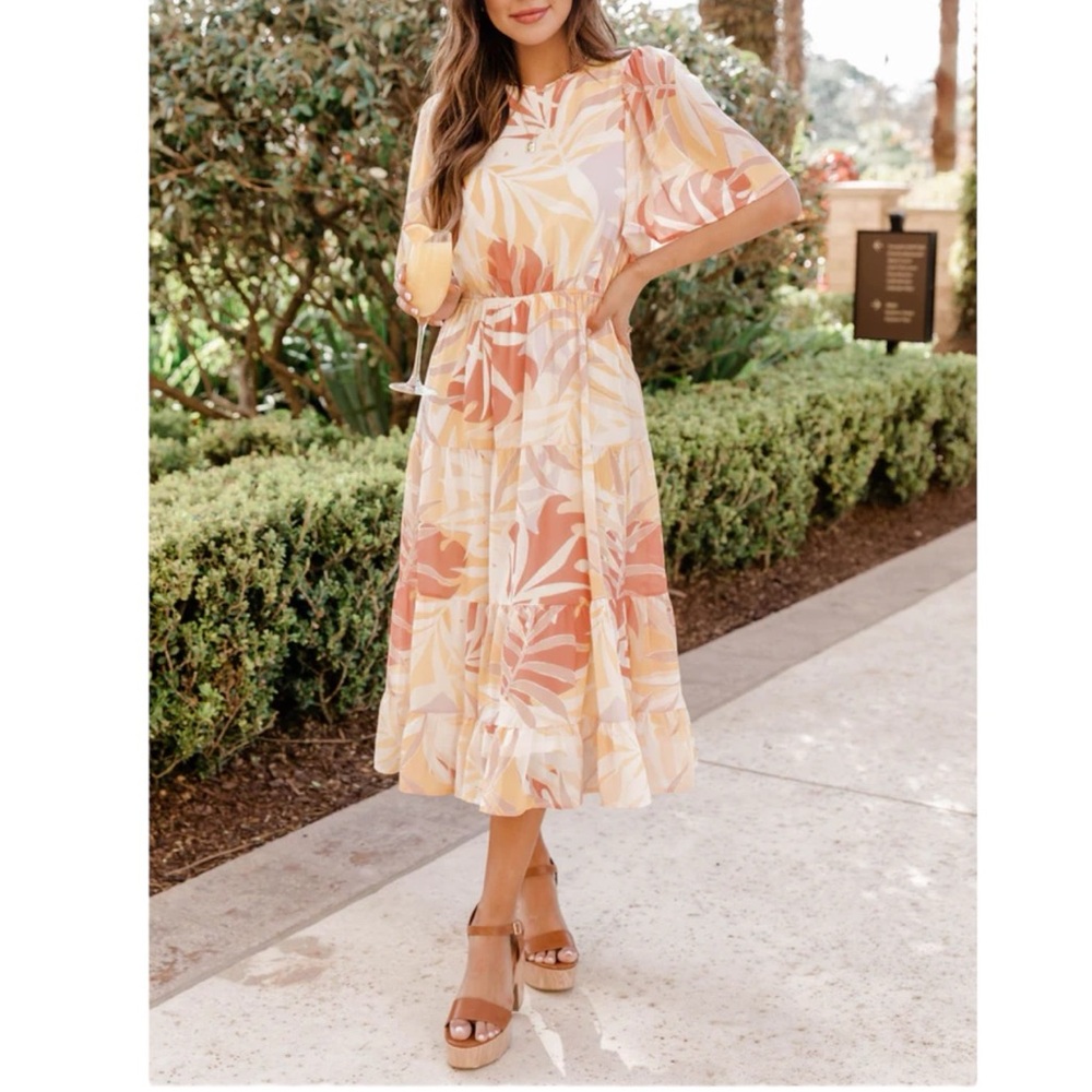 Pink Lily Dress Size S Butter Yellow Peach Midi Terracotta Floral Summer Bounce